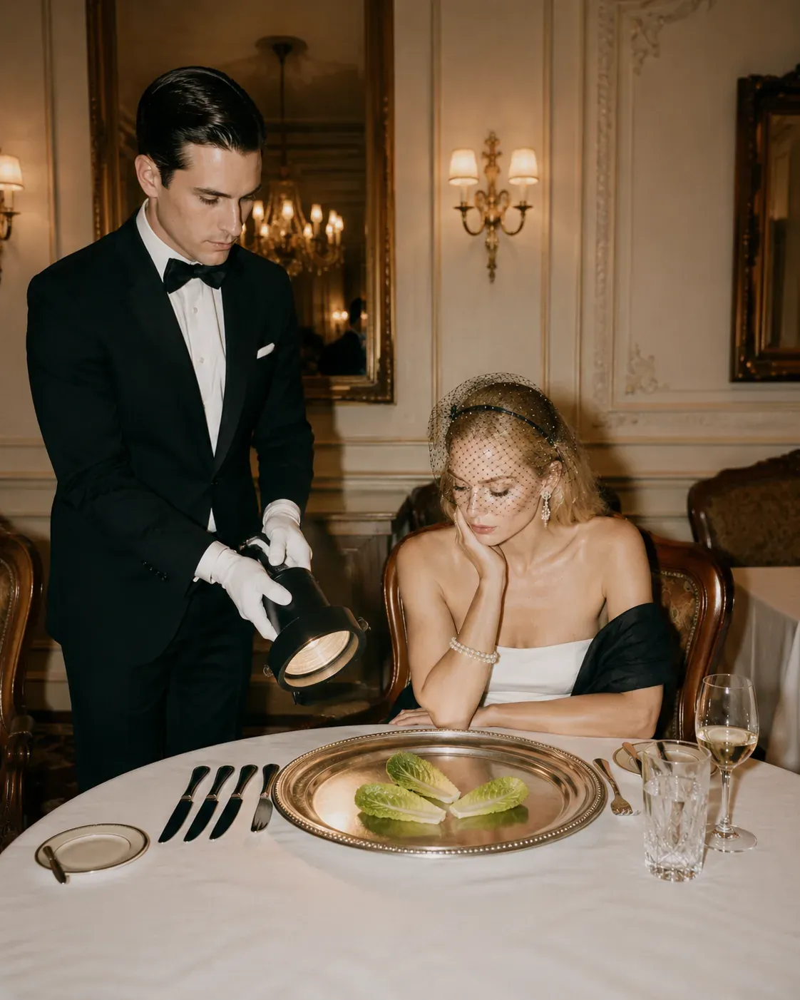 Woman seated at a formal table with a spotlight on a tiny lettuce plate, illustrating why eating too light can leave women under-supported | Becoming Elysian enough protein for women