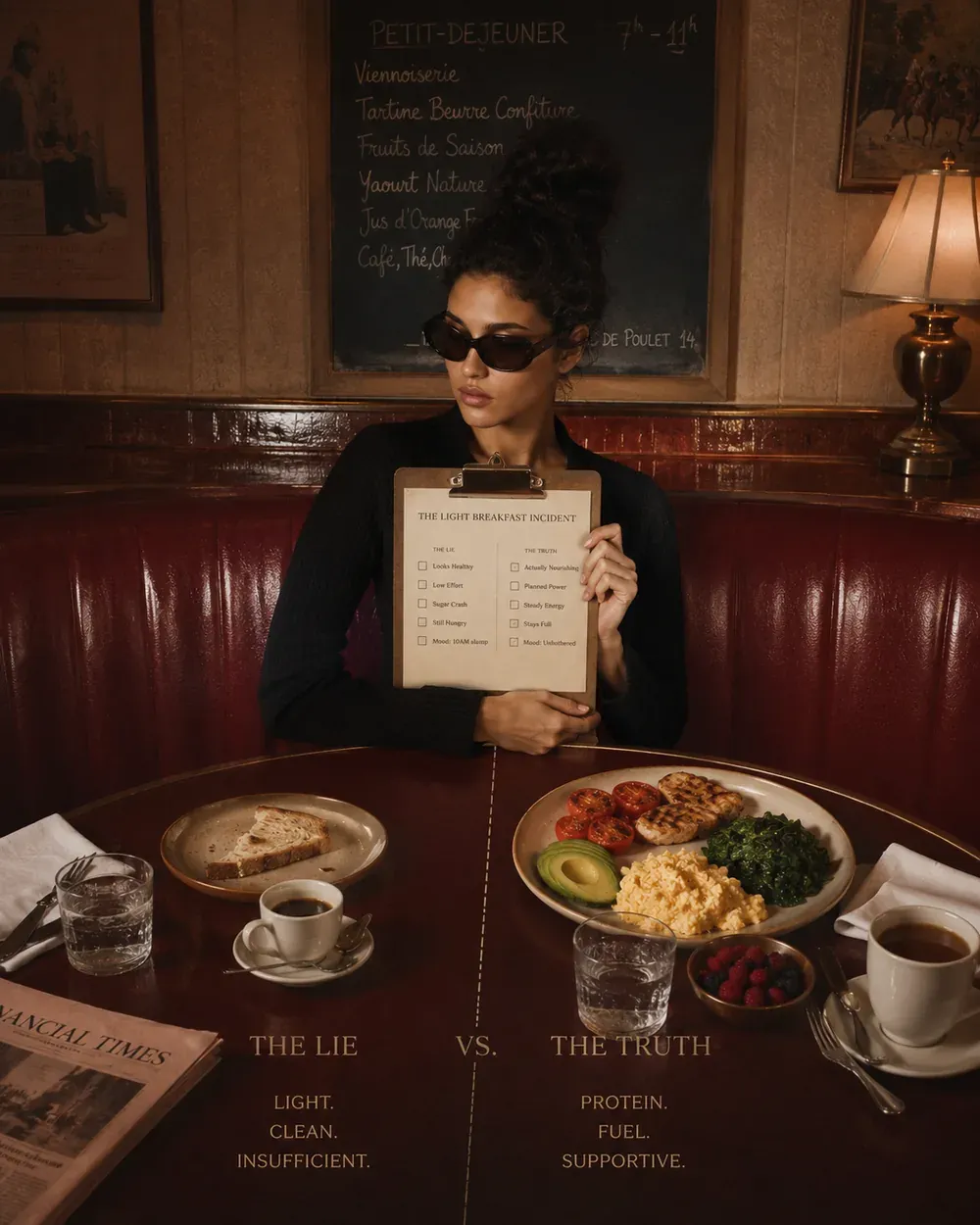 Woman holding a clipboard comparing a light breakfast with a protein-rich breakfast for steady energy