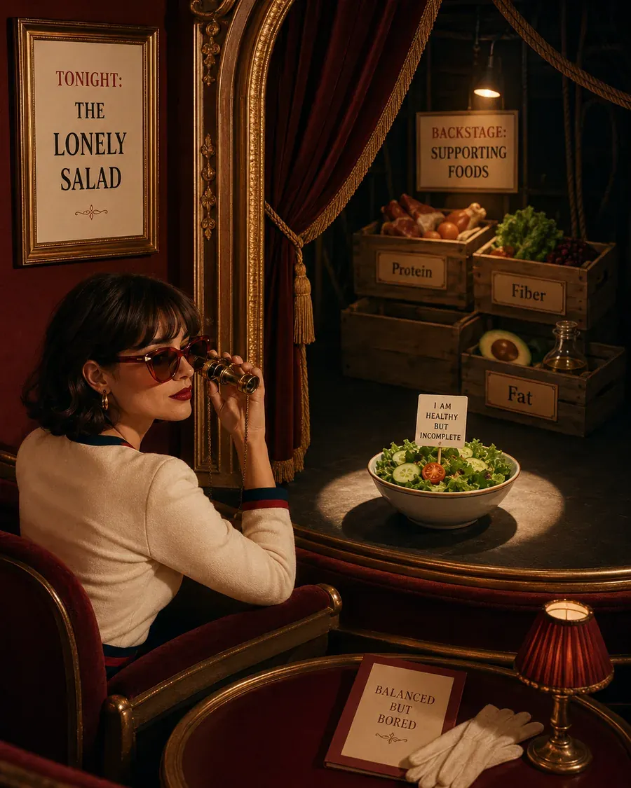 Woman sitting alone with a small salad in a dim theatre box, representing an under-supported meal | Becoming Elysian quiet luxury wellness