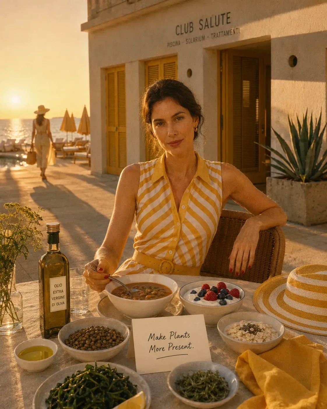 Woman at sunset with lentils, greens, oats, berries, olive oil, and a note that says make plants more present