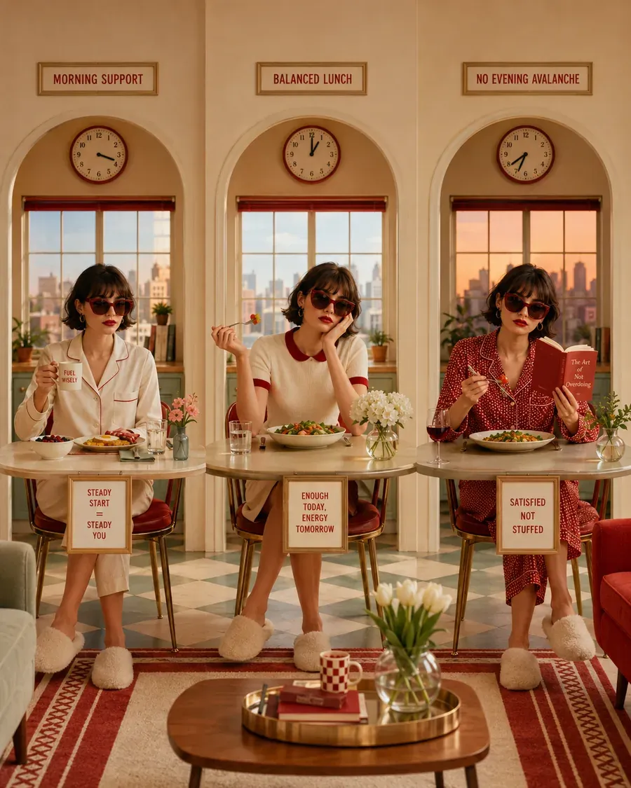 Three women in a whimsical station-like setting showing different post-meal responses and personal triggers | Becoming Elysian quiet luxury wellness