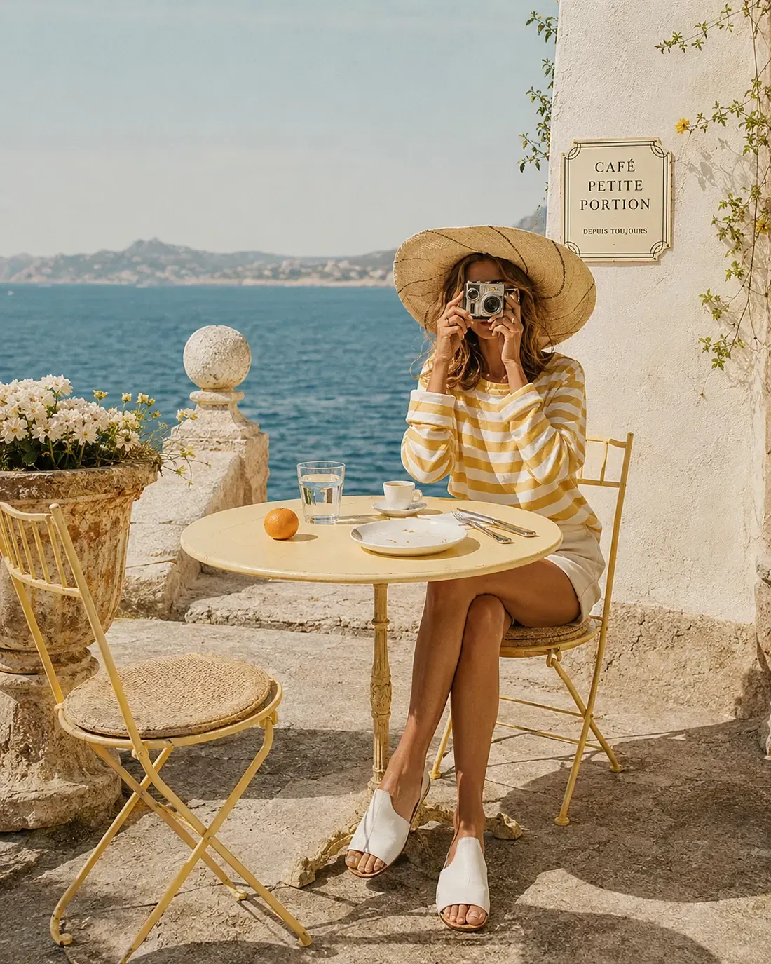 A sunlit Mediterranean cafe scene with a woman in a yellow striped shirt and straw hat holding a vintage camera up to her face at a yellow table by the sea, with white flowers, a small orange, and a “CAFÉ PETITE PORTION” sign in the background | Becoming Elysian quiet luxury wellness