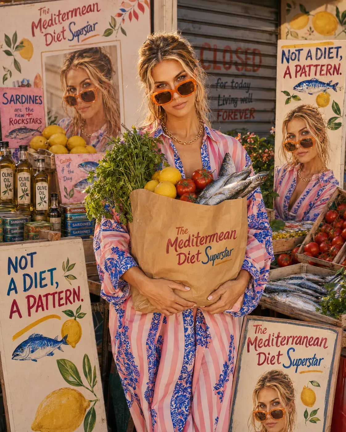 Woman holding a Mediterranean grocery bag filled with herbs, lemons, tomatoes, and sardines at a colorful market | Becoming Elysian Mediterranean lifestyle