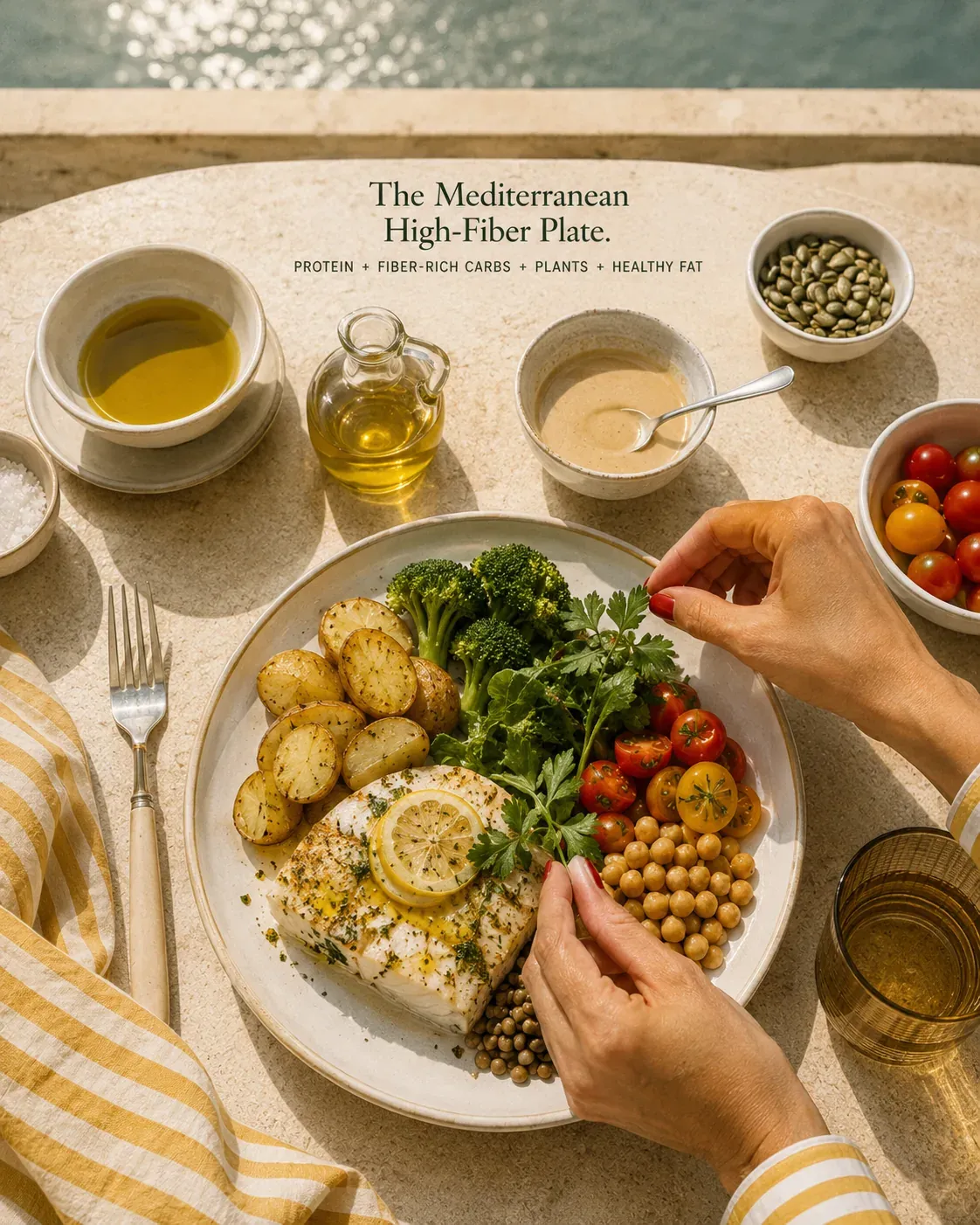 Mediterranean high-fiber plate with fish, potatoes, broccoli, chickpeas, tomatoes, herbs, olive oil, tahini, and pumpkin seeds