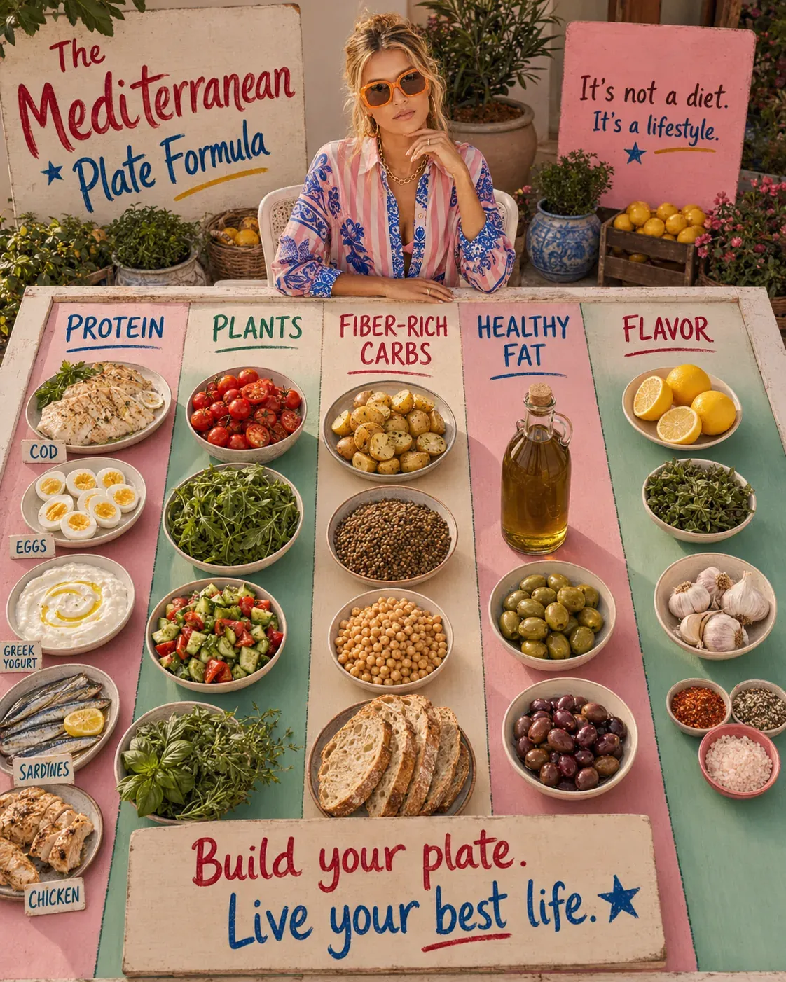 Mediterranean plate formula display with protein, plants, fiber-rich carbs, healthy fat, and flavor arranged in colorful sections | Becoming Elysian balanced plate