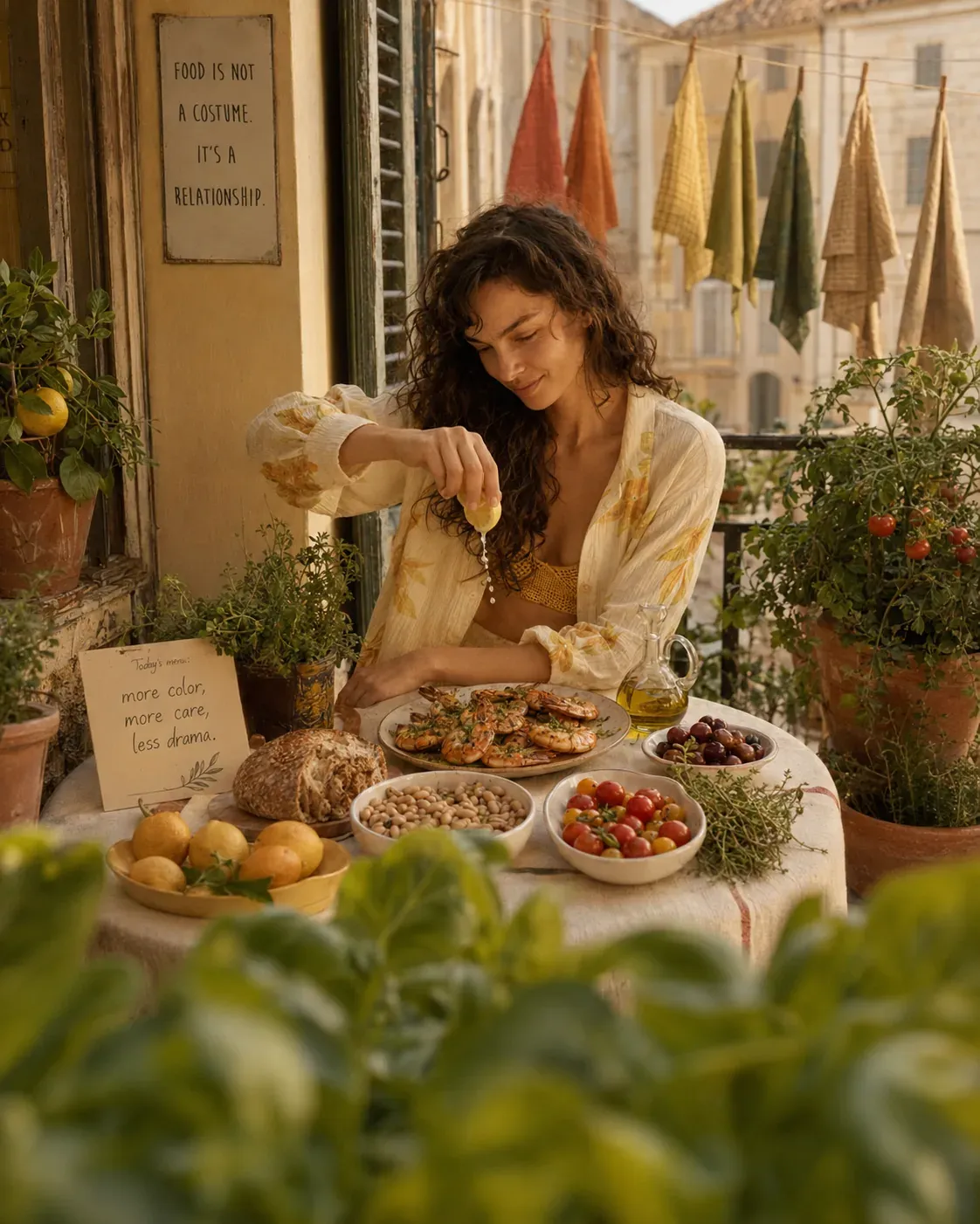 Woman eating a Mediterranean-style meal on a sunlit balcony with herbs, seafood, beans, olives, tomatoes, lemon, and olive oil | Becoming Elysian Mediterranean eating for women