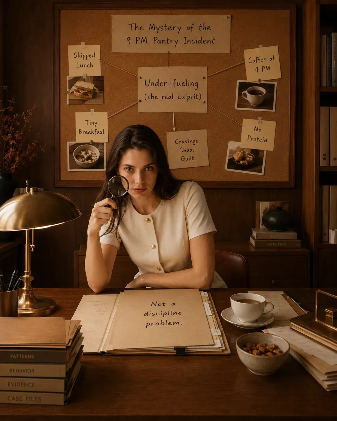 Woman at a desk studying body clues like cravings, fatigue, sleep, and recovery as useful information rather than failure | Becoming Elysian metabolic health guide