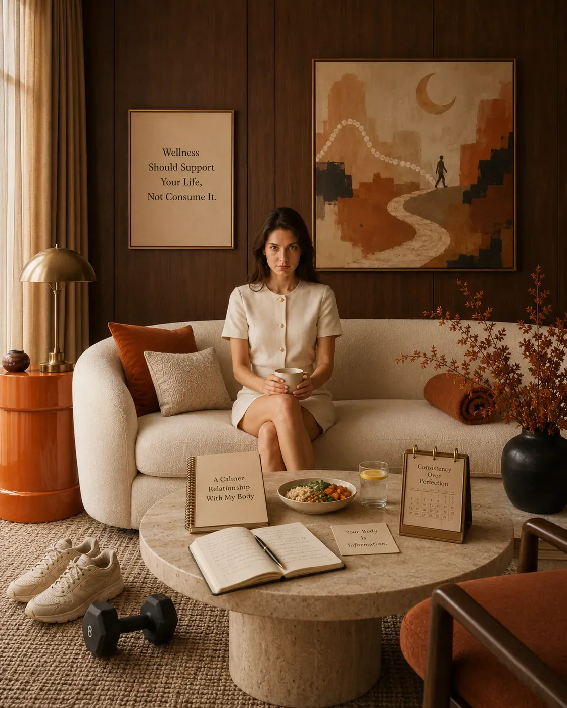 Elegant wellness scene of a woman in her early thirties seated in a calm room with notes on metabolic health, strength, sleep, and nourishment | Becoming Elysian metabolic health for women over 35
