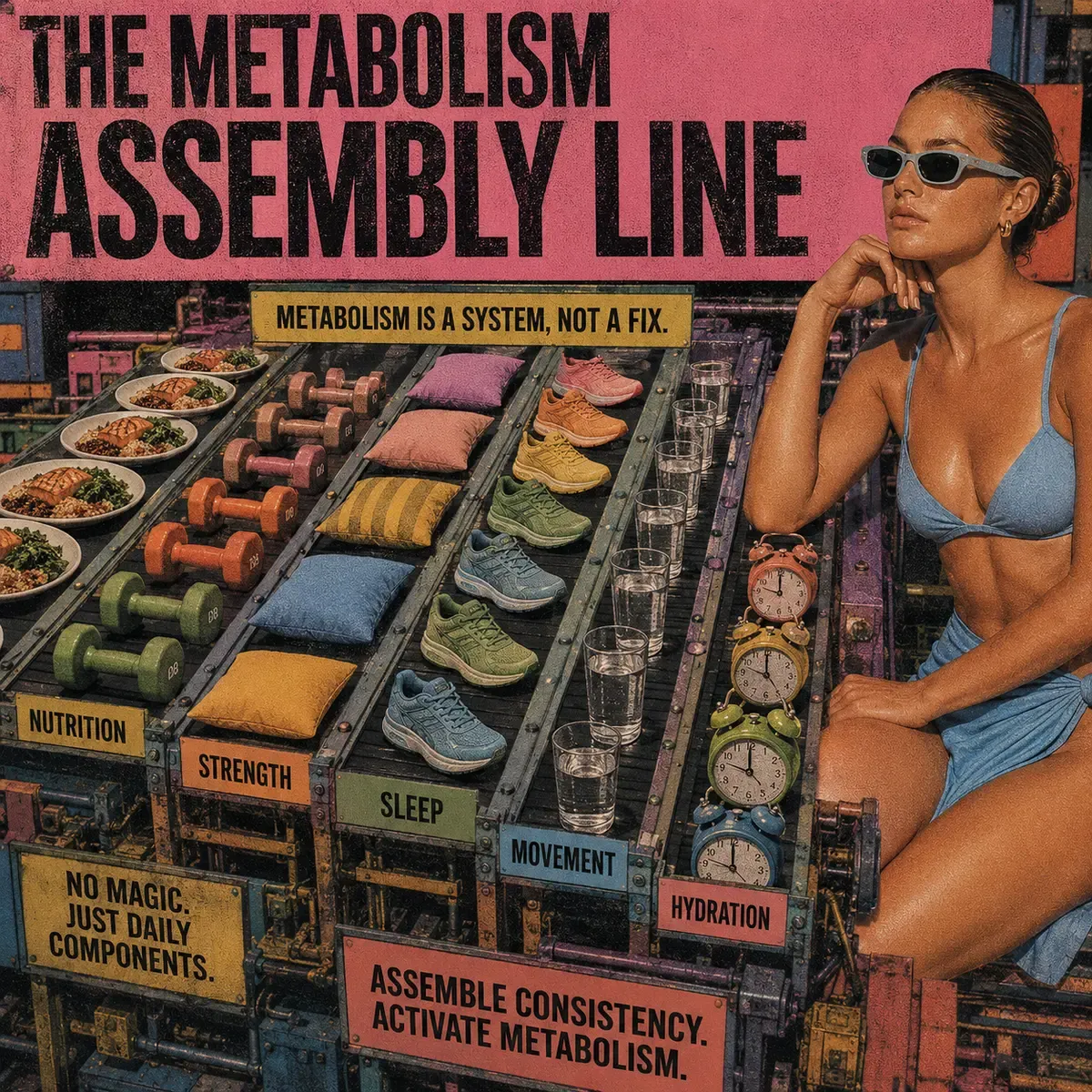 Bold pop-art style illustration of a woman seated on a colorful factory-style conveyor belt labeled METABOLISM ASSEMBLY LINE, with sections for NUTRITION, STRENGTH, SLEEP, MOVEMENT, HYDRATION and signs reading METABOLISM IS A SYSTEM, NOT A FIX and ASSEMBLE CONSISTENCY. ACTIVATE METABOLISM | Becoming Elysian editorial wellness
