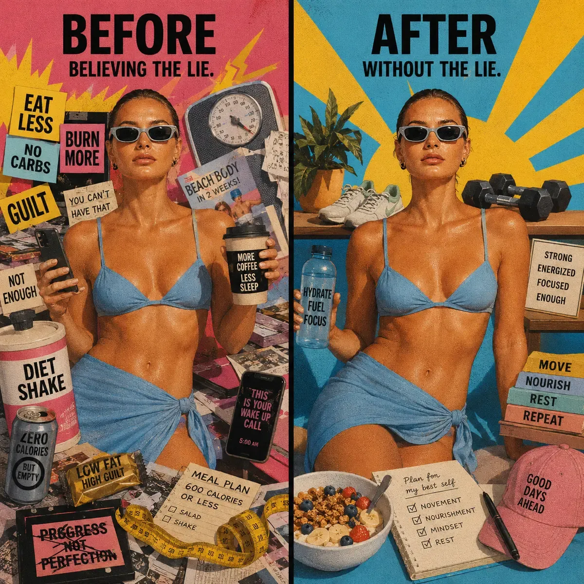 Striking split image showing the same woman on the left surrounded by chaotic diet culture elements like guilt, diet shakes, zero calorie cans, and negative self-talk, and on the right empowered with hydration, movement lists, a nourishing breakfast bowl, dumbbells, and a positive notebook plan | Becoming Elysian transformation editorial