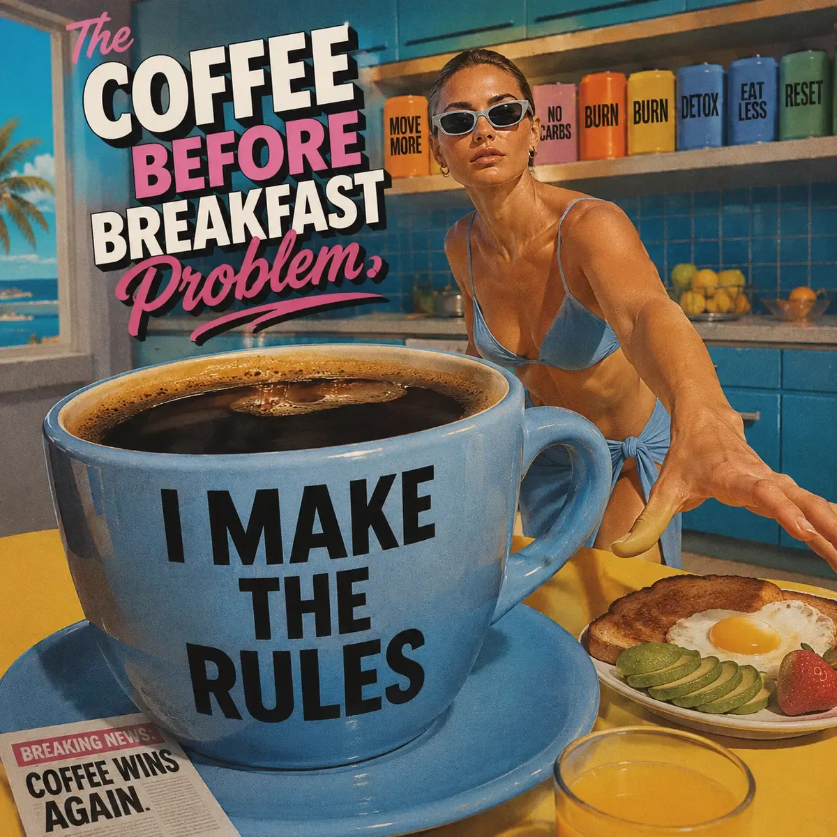 Playful yet powerful editorial flat lay featuring a large blue coffee cup with text I MAKE THE RULES, a breakfast plate with avocado and egg, orange juice, and a woman in sunglasses reaching across a sunny kitchen counter with bold text THE COFFEE BEFORE BREAKFAST Problem. | Becoming Elysian wellness editorial