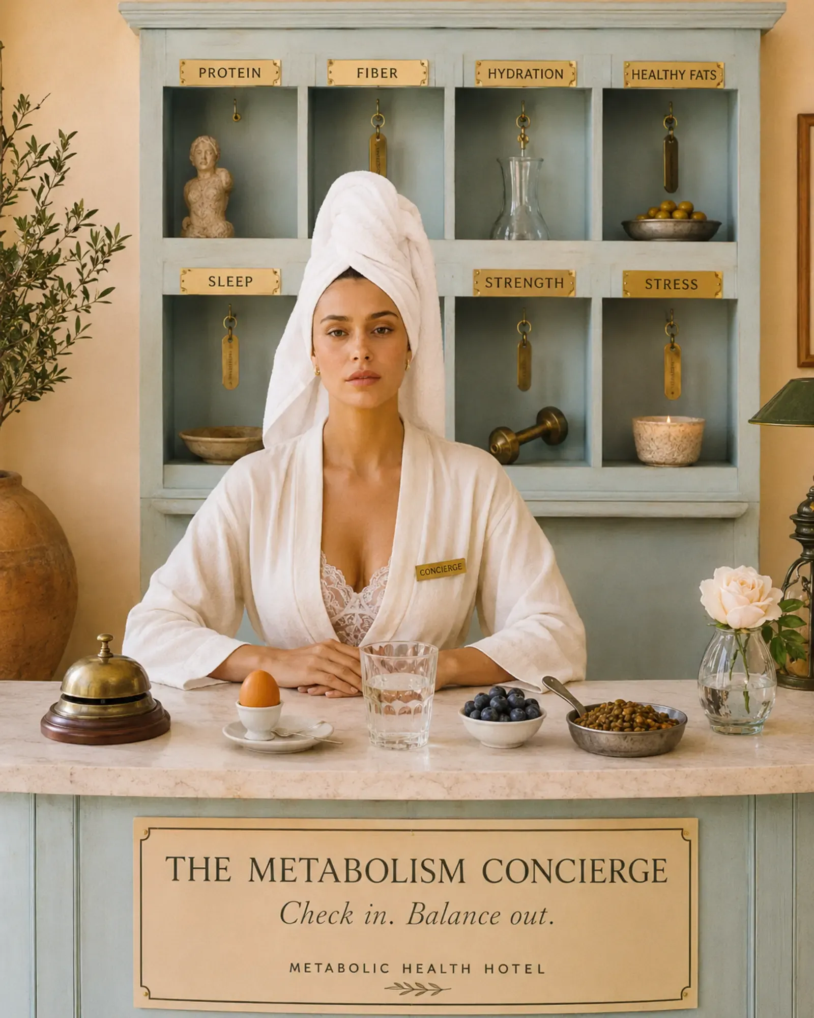 Elegant woman as the Metabolism Concierge standing behind a serene wellness hotel desk with labeled drawers for protein, fiber, hydration, healthy fats, sleep, strength, and stress, soft natural light and classical details | Becoming Elysian quiet luxury wellness editorial