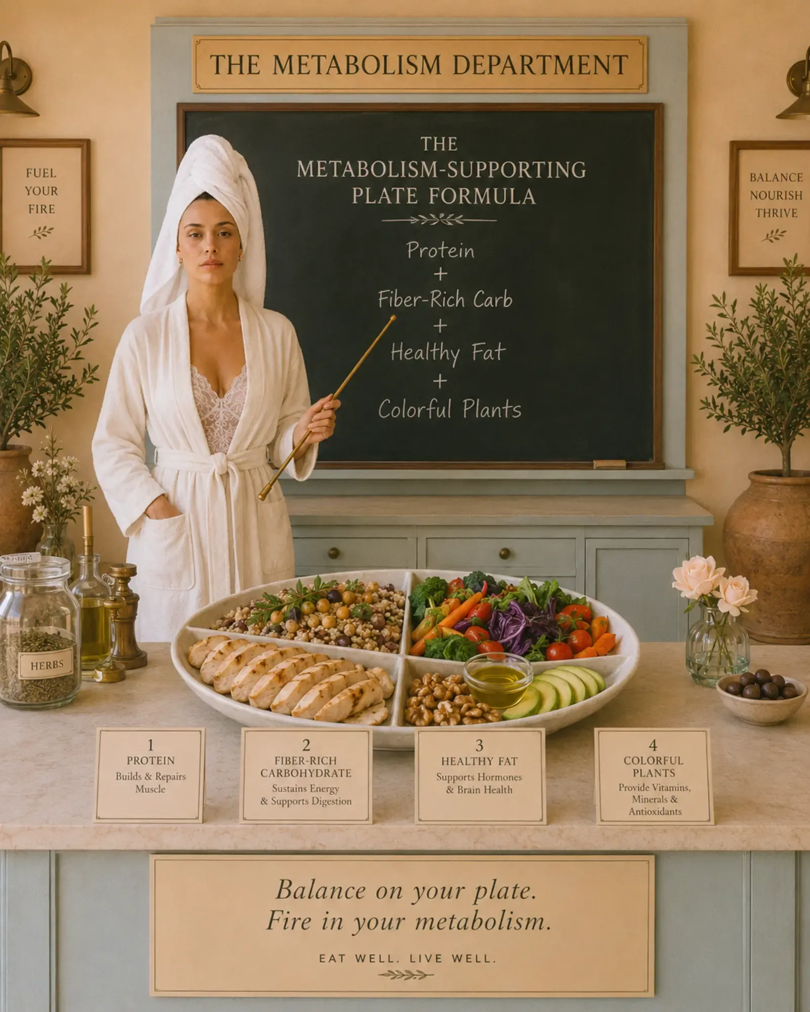 Woman in white robe and towel turban standing at "The Metabolism Department" chalkboard pointing to the plate formula (Protein + Fiber-Rich Carb + Healthy Fat + Colorful Plants) with a large divided serving bowl showing chicken, grains, roasted vegetables, avocado, walnuts, and olive oil | Becoming Elysian quiet luxury wellness editorial