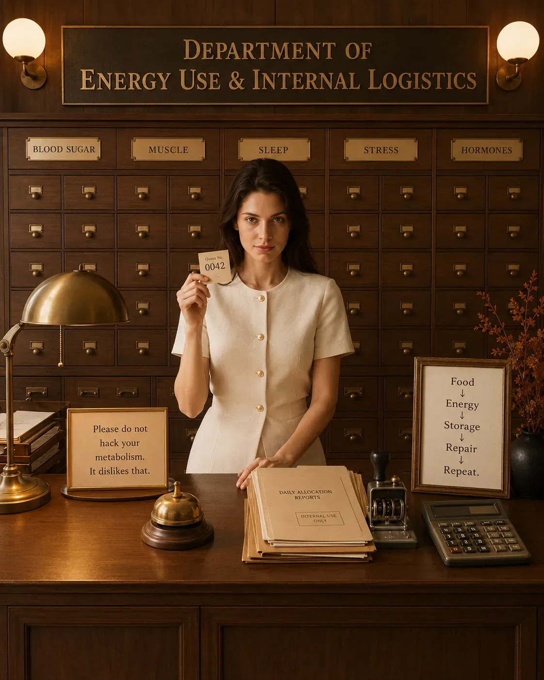 Wes Anderson inspired energy department scene showing metabolism as the quiet internal logistics of blood sugar, insulin, energy, and recovery | Becoming Elysian metabolic health