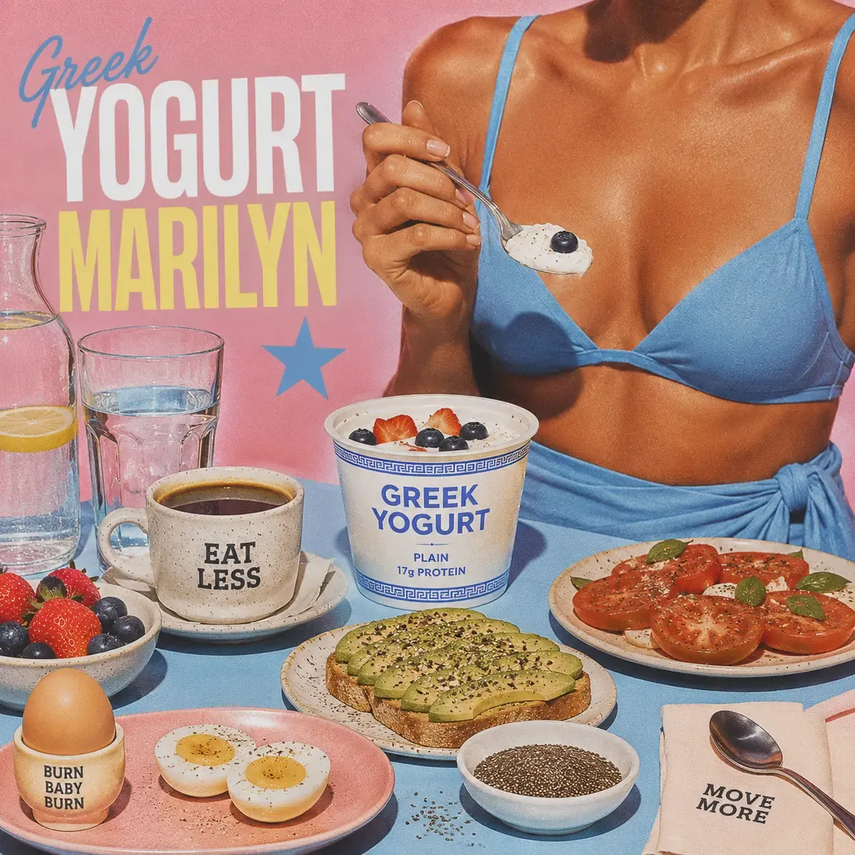 Vibrant editorial scene of a woman in a blue bikini top and wrap enjoying a beautiful breakfast spread featuring Greek yogurt, fresh berries, avocado toast, eggs, coffee, and colorful produce with bold text GREEK YOGURT MARILYN | Becoming Elysian wellness editorial