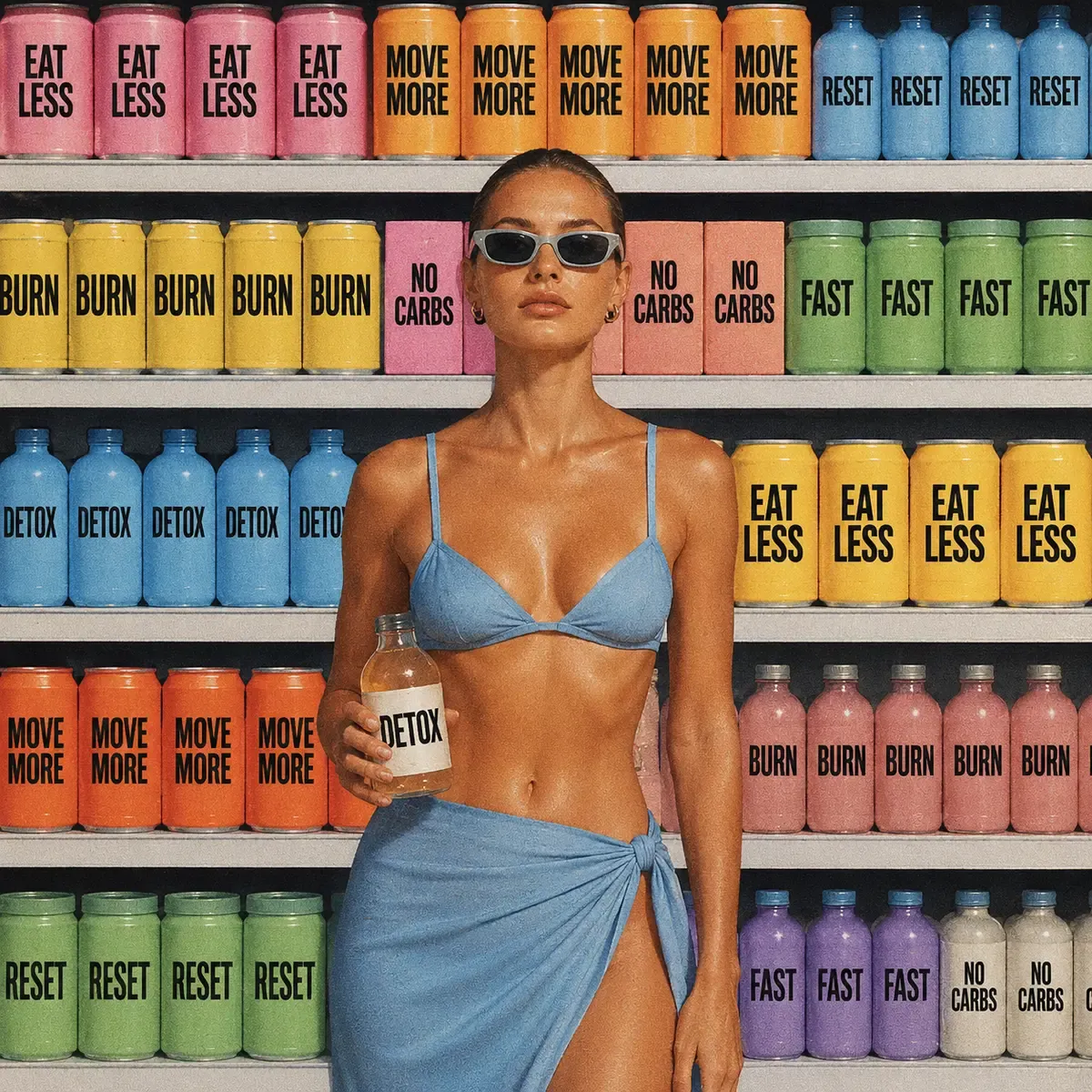 Editorial illustration of a confident woman standing before shelves stocked with colorful cans and bottles labeled with conflicting wellness commands like EAT LESS, MOVE MORE, NO CARBS, BURN, FAST, RESET, and DETOX, holding a clear DETOX bottle in a striking pop-art style | Becoming Elysian bold wellness editorial