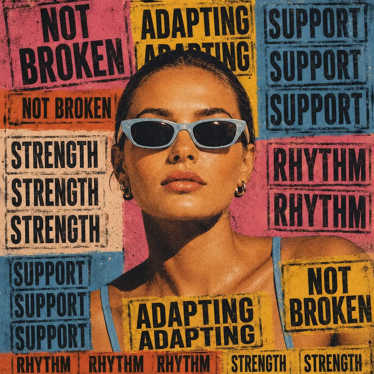 Striking close-up editorial portrait of a woman with sleek dark hair and light blue cat-eye sunglasses, overlaid with bold distressed text blocks reading NOT BROKEN, ADAPTING, SUPPORT, RHYTHM, STRENGTH in a powerful collage of pink, yellow, blue, and orange panels | Becoming Elysian wellness editorial