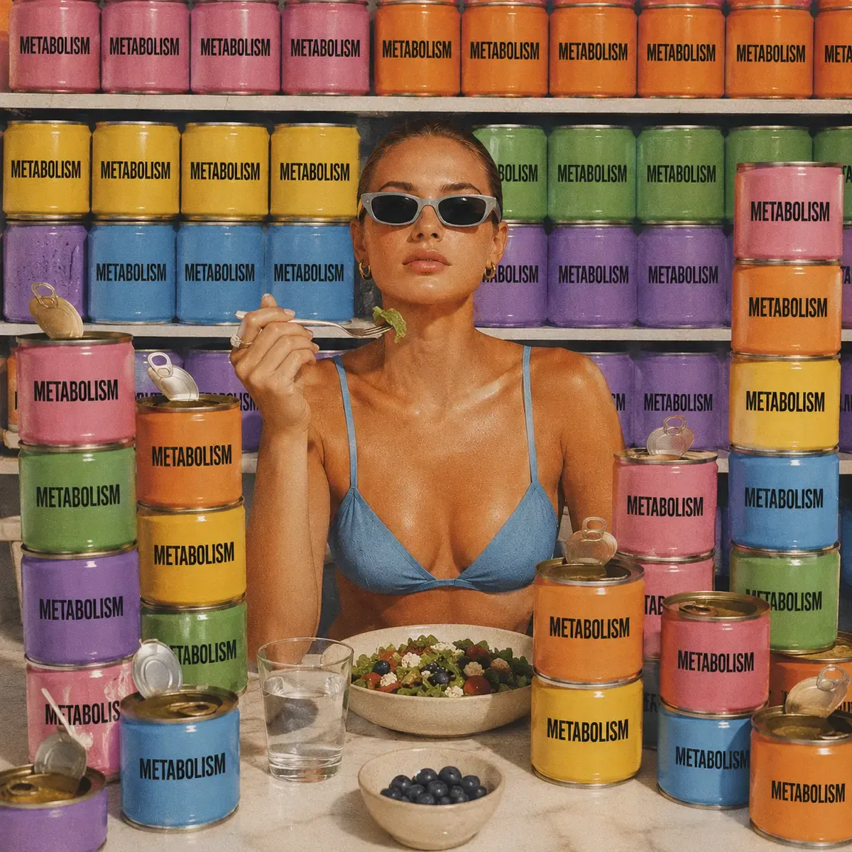Colorful editorial scene of a woman in a blue bikini top and wrap sitting at a marble table with an open salad bowl, water glass, and blueberries, surrounded by stacked colorful cans labeled METABOLISM in a bold pop-art style | Becoming Elysian wellness editorial