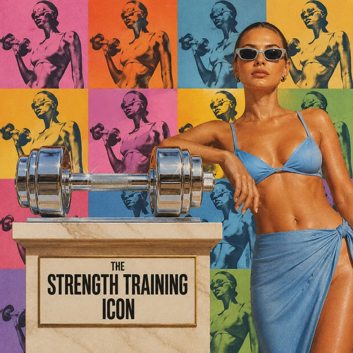 Empowering editorial portrait of a woman in a blue bikini top and denim wrap standing confidently beside a large chrome dumbbell on a marble pedestal, with a vibrant pop-art grid background of strong women lifting weights and bold text THE STRENGTH TRAINING ICON | Becoming Elysian wellness editorial