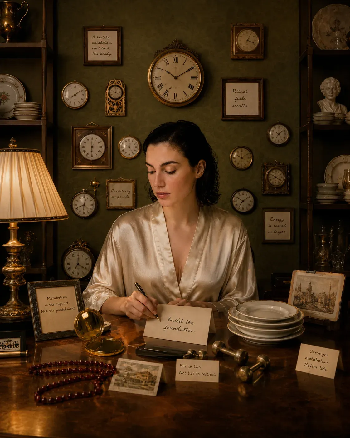 Woman writing build the foundation at an antique desk surrounded by clocks and notes about metabolism, consistency, energy, and strength