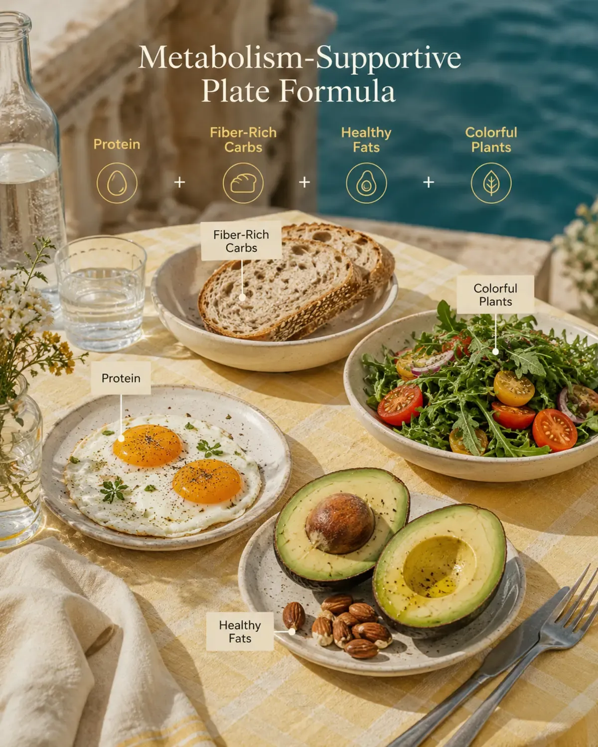 A vibrant Metabolism-Supportive Plate Formula infographic on a sunlit yellow gingham table by the sea, showing labeled sections for Protein (fried eggs), Fiber-Rich Carbs (seeded sourdough), Healthy Fats (avocado and almonds), and Colorful Plants (fresh arugula and tomato salad) with elegant typography | Becoming Elysian quiet luxury wellness