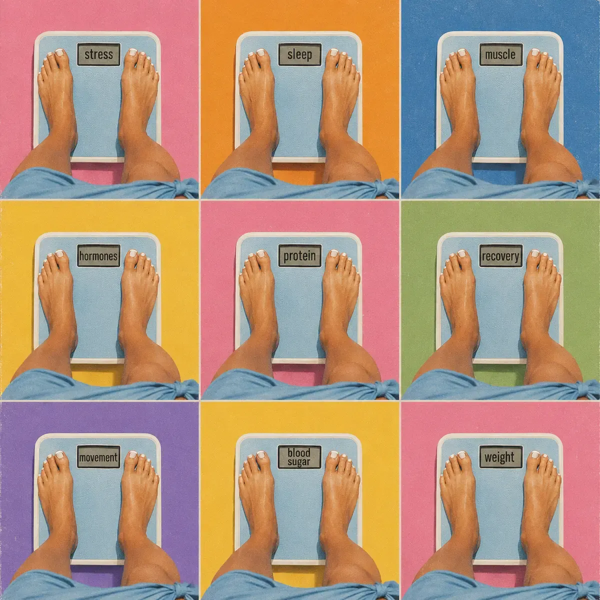 A vibrant 3x3 grid showing a woman's feet on weighing scales against colorful backgrounds, each labeled with key metabolic factors including stress, sleep, muscle, hormones, protein, recovery, movement, blood sugar, and weight in a clean editorial style | Becoming Elysian wellness editorial