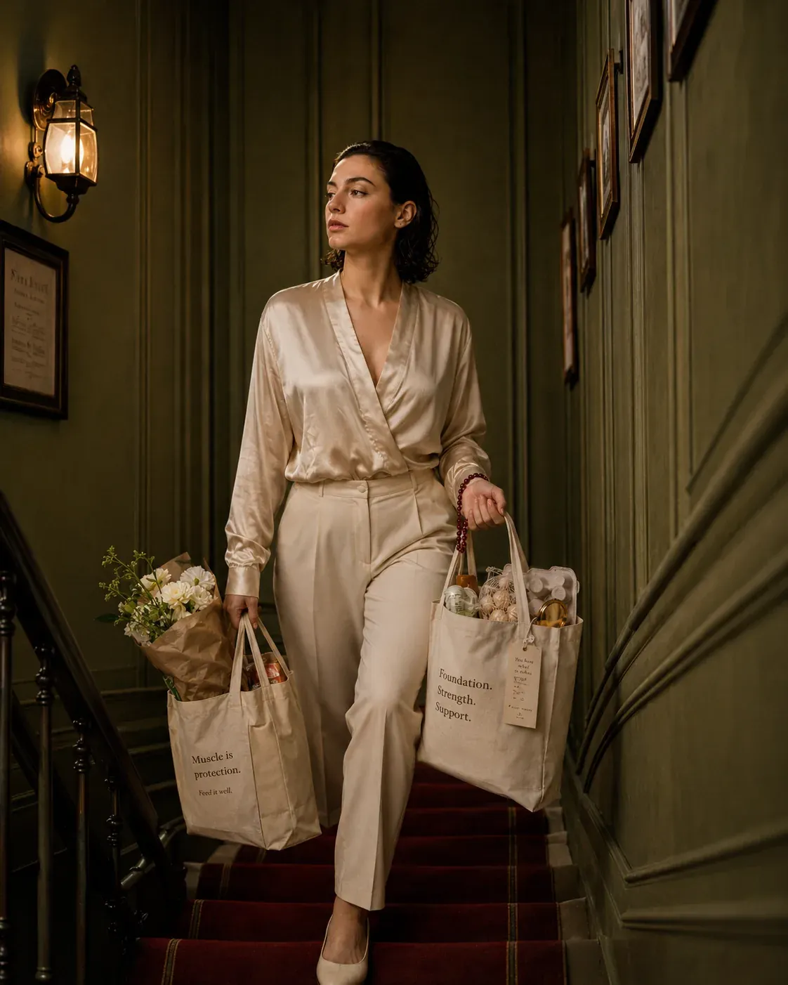 Woman walking up a hotel staircase carrying grocery bags labelled muscle is protection and foundation, strength, support