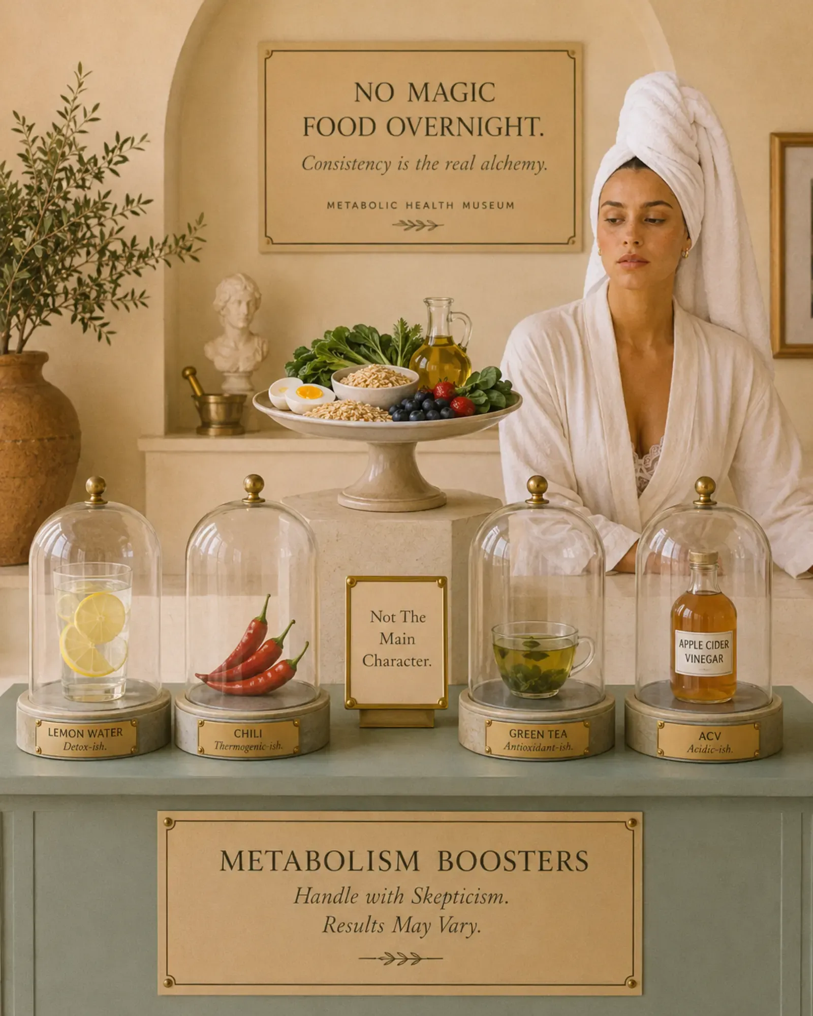 Woman in white robe and towel turban beside a marble counter displaying lemon water, chili peppers, green tea, and apple cider vinegar under glass cloches with a sign "Not The Main Character" and a quote "No Magic Food Overnight. Consistency is the real alchemy." | Becoming Elysian quiet luxury wellness editorial
