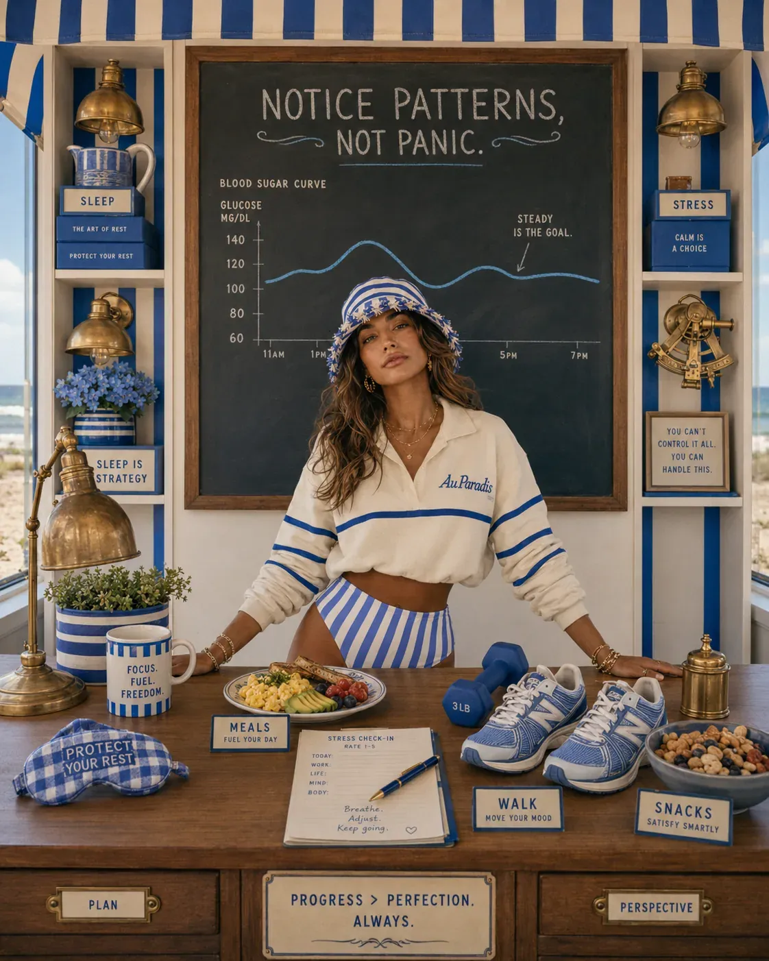 Woman at a notice patterns desk with a blood sugar curve board, showing the value of observing energy, hunger, and cravings with curiosity | Becoming Elysian blood sugar patterns