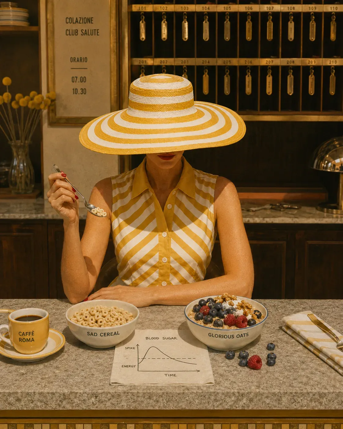 Woman choosing between low-fiber cereal and a bowl of oats with berries and walnuts for steadier blood sugar support