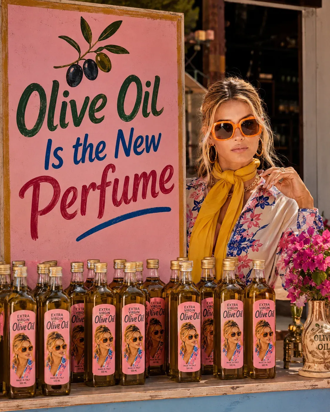 Mediterranean market stall with extra virgin olive oil bottles and a pink sign reading olive oil is the new perfume | Becoming Elysian healthy fats