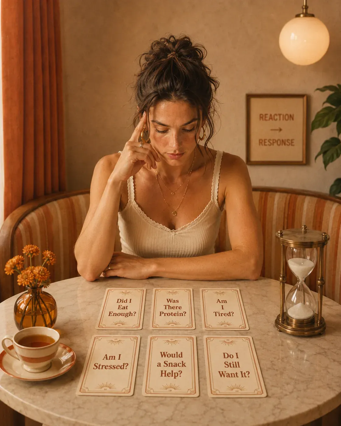 Woman pausing with water, cards, and an hourglass, showing a calm one-minute check-in when cravings hit