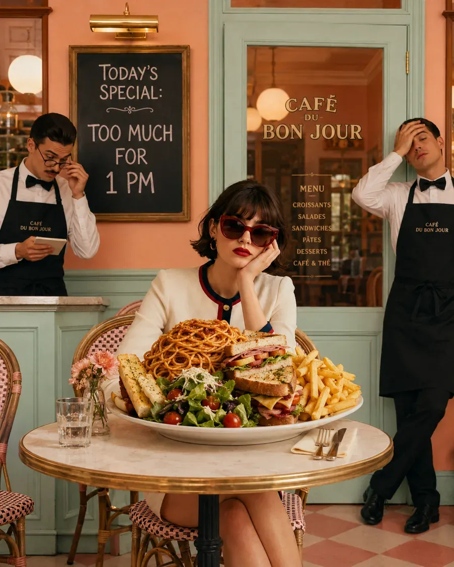 Woman seated behind an oversized pasta lunch outside a small restaurant with a sign about too much food | Becoming Elysian quiet luxury wellness