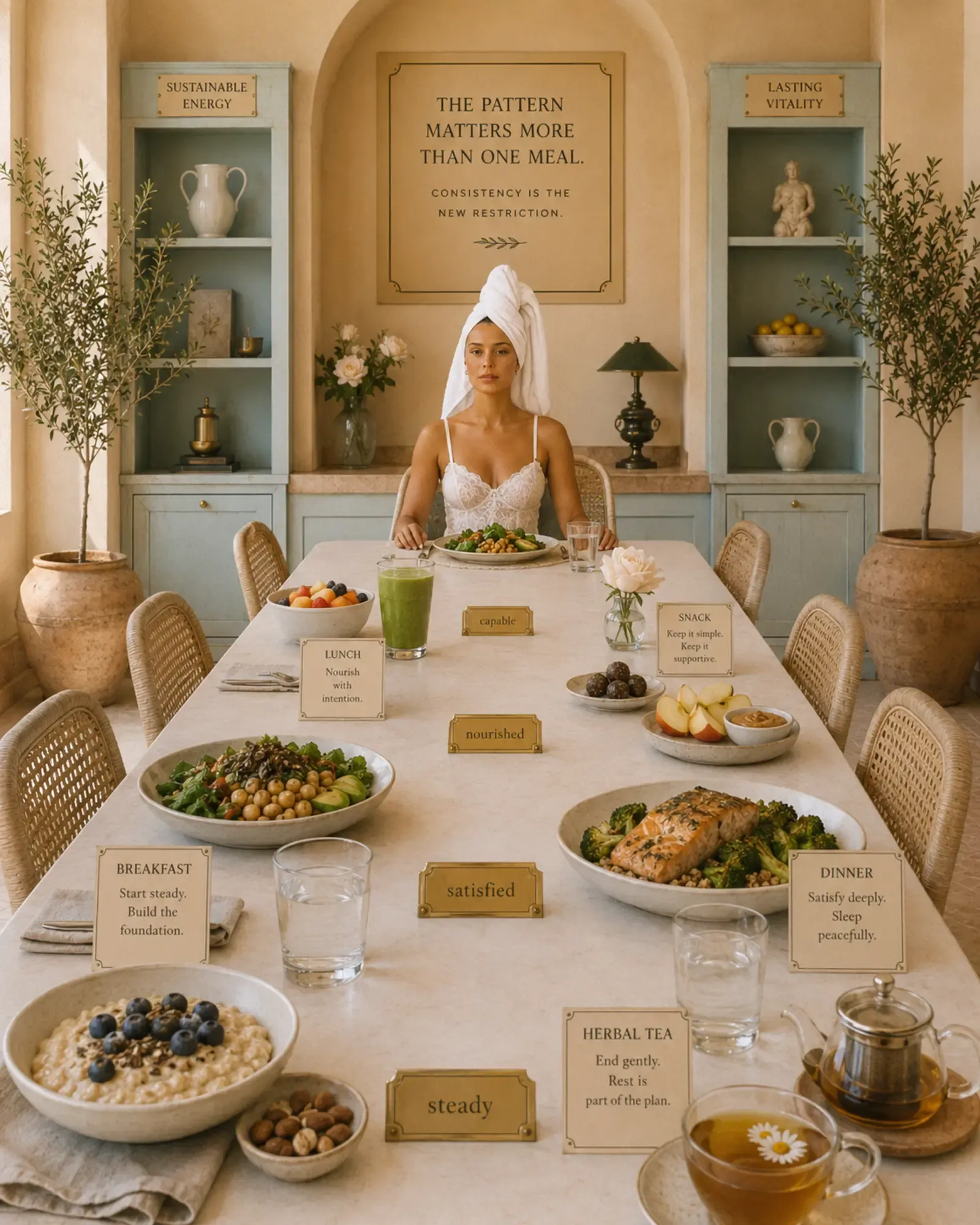 Woman in white lace camisole and towel turban seated at the head of a long sunlit dining table beautifully set with labeled breakfast oats, lunch salad, dinner salmon and broccoli, snacks of apple with nut butter and olives, and herbal tea, with signs reminding "The Pattern Matters More Than One Meal" and "Consistency Is the New Restriction" | Becoming Elysian quiet luxury wellness editorial