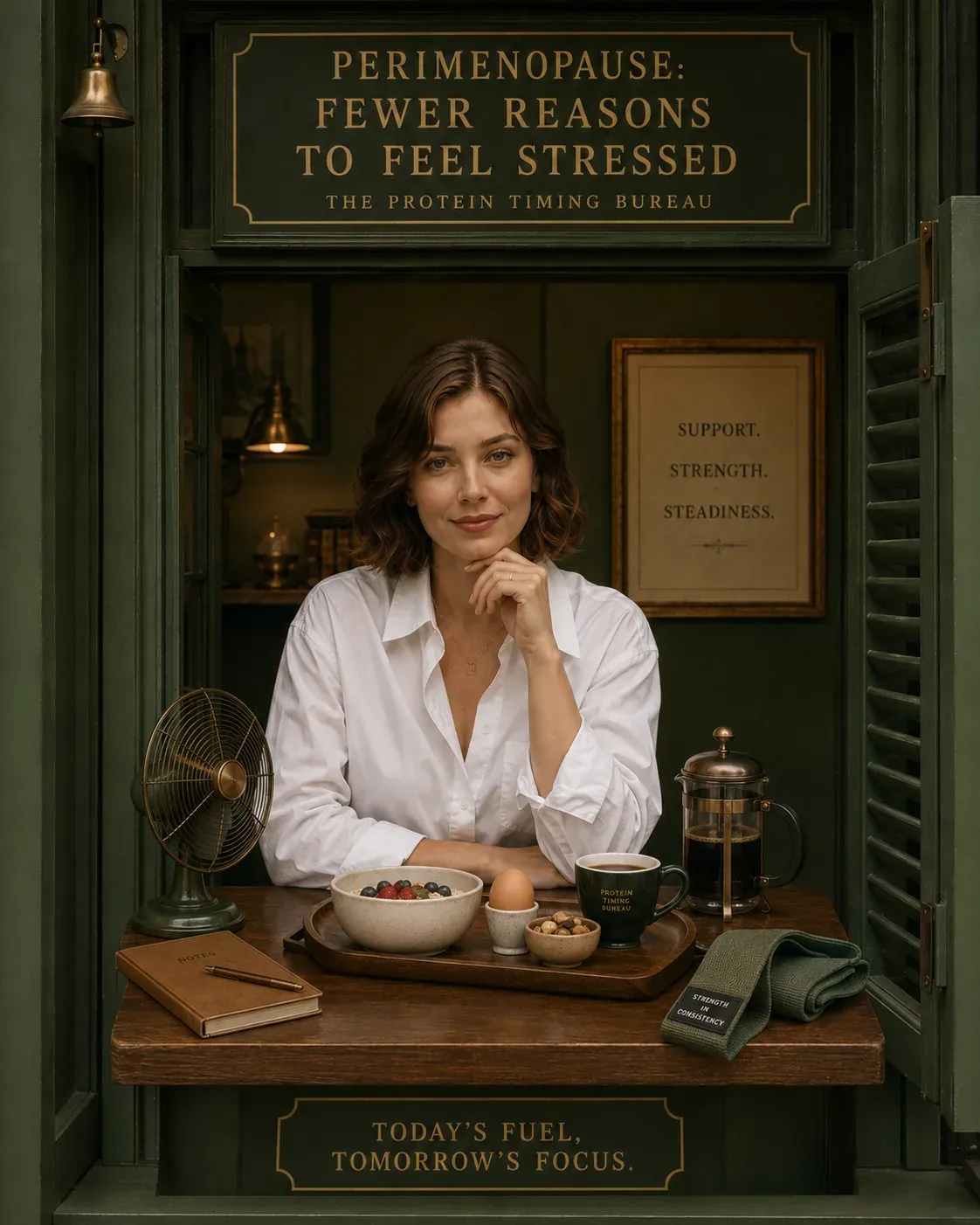 Elegant booth scene with woman and tray of nourishing foods, sign about perimenopause and fewer reasons to feel stressed | Becoming Elysian