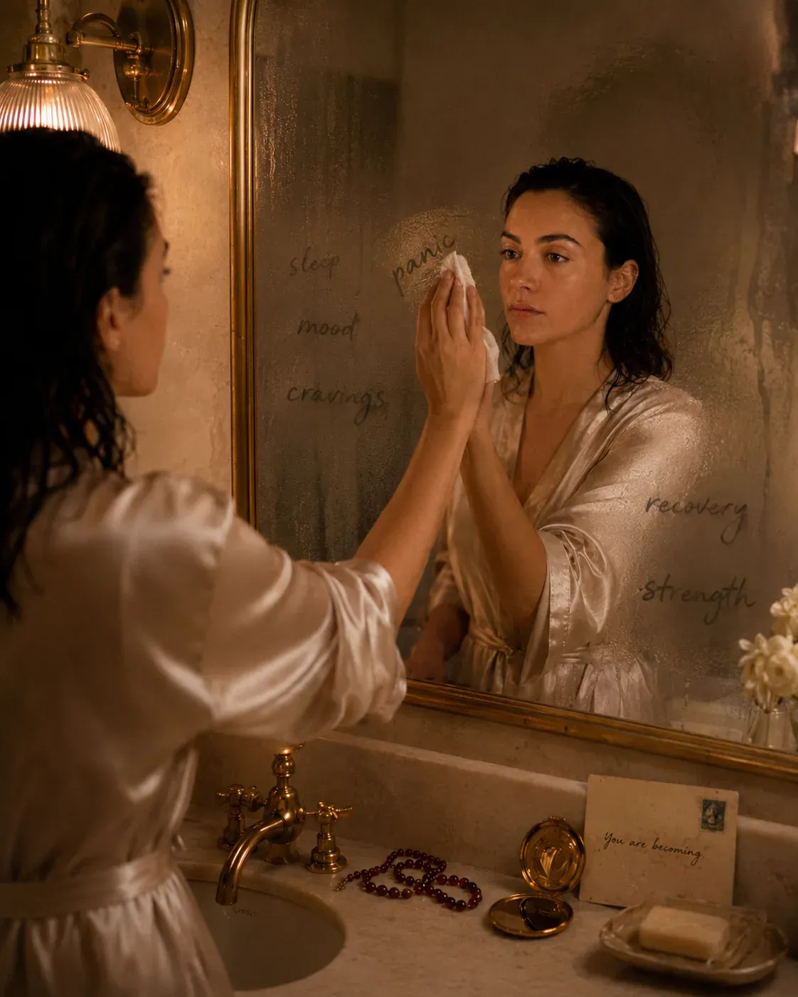 Woman wiping a steamy mirror with handwritten words sleep, mood, cravings, panic, recovery, and strength, representing perimenopause support