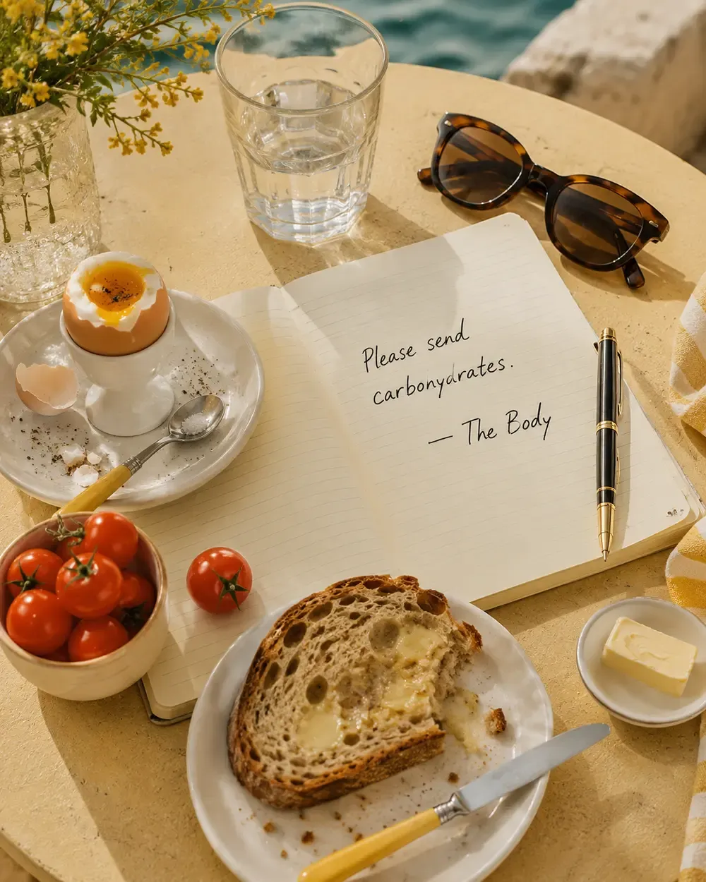 A beautifully lit breakfast flatlay on a yellow gingham tablecloth featuring a soft-boiled egg in a cup, buttered sourdough with a bite taken, fresh cherry tomatoes, a handwritten notebook page that reads Please send carbohydrates. — The Body, tortoiseshell sunglasses, a glass of water, and a small dish of butter | Becoming Elysian quiet luxury wellness