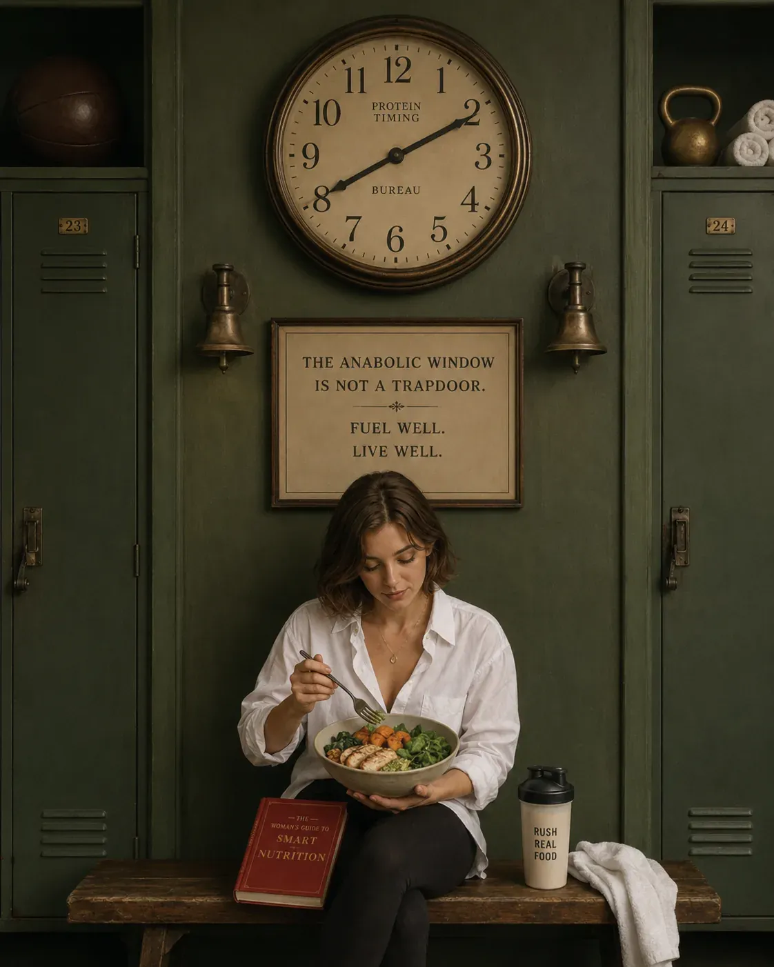 Post-workout recovery meal in gym locker room with protein-rich bowl, coffee and timing note on the wall | Becoming Elysian