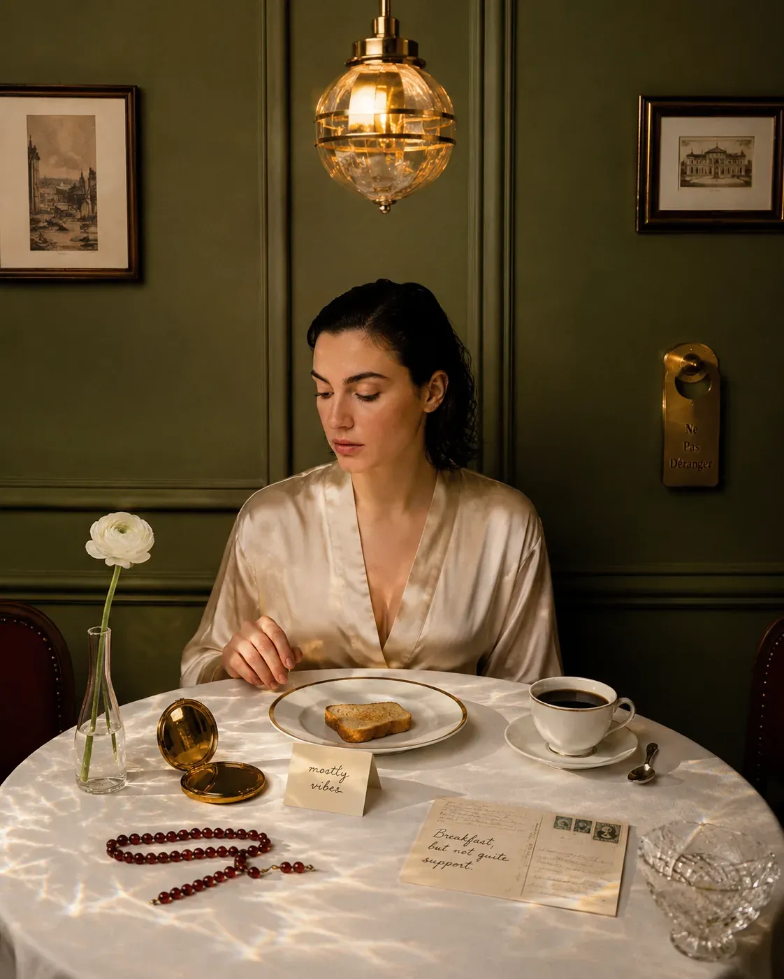 Elegant breakfast table scene with a woman in a silk robe, coffee, toast, and handwritten notes about support, showing protein as a gentle foundation for women over 35