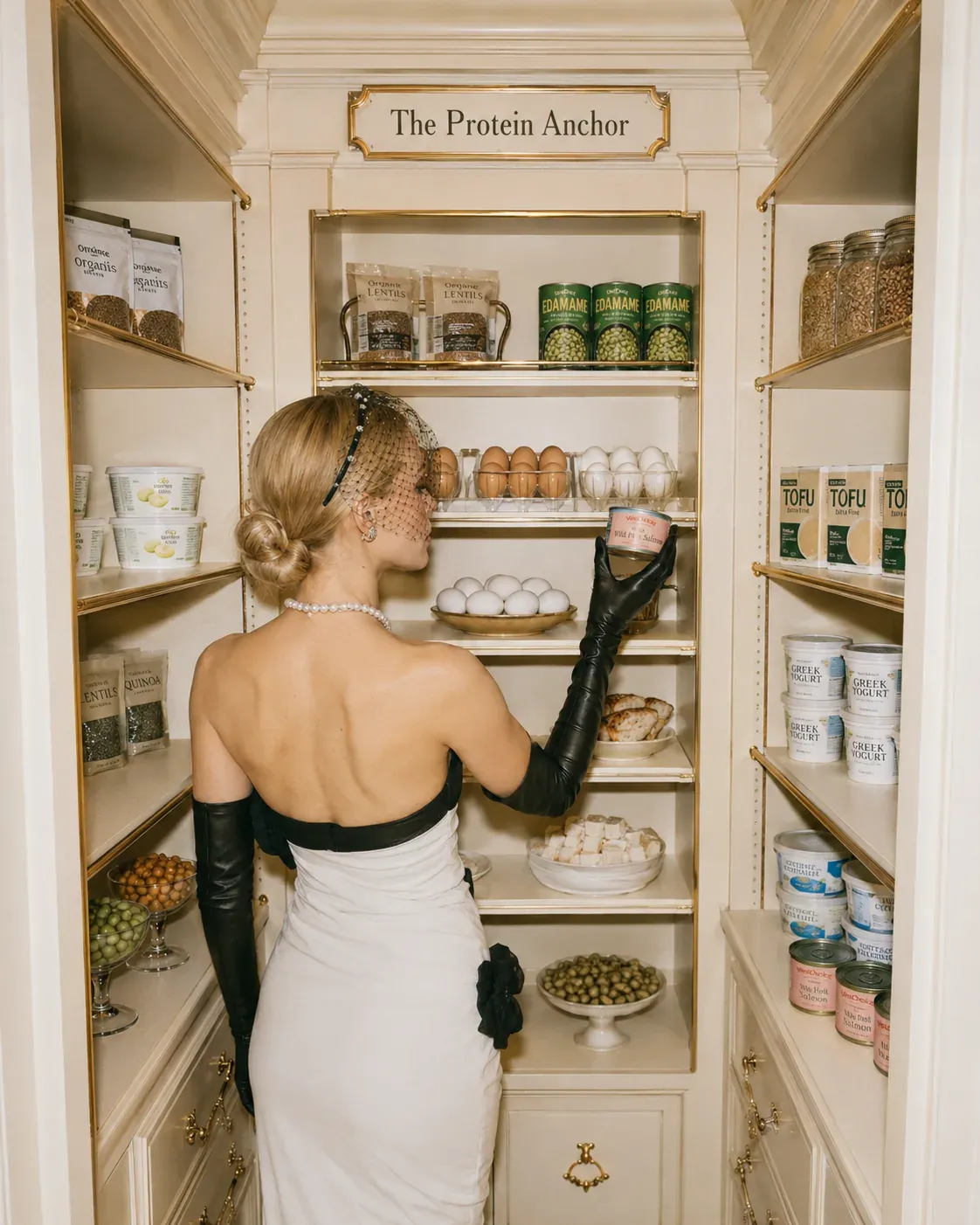 Elegant pantry labelled The Protein Anchor filled with eggs, tofu, Greek yogurt, lentils, edamame, and fish | Becoming Elysian best protein sources for women