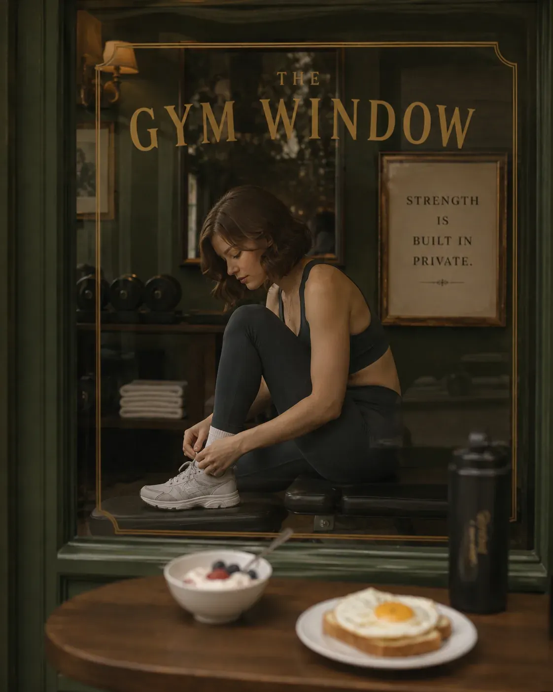 Woman by gym window tying shoes with balanced pre-workout and post-workout food plates nearby | Becoming Elysian