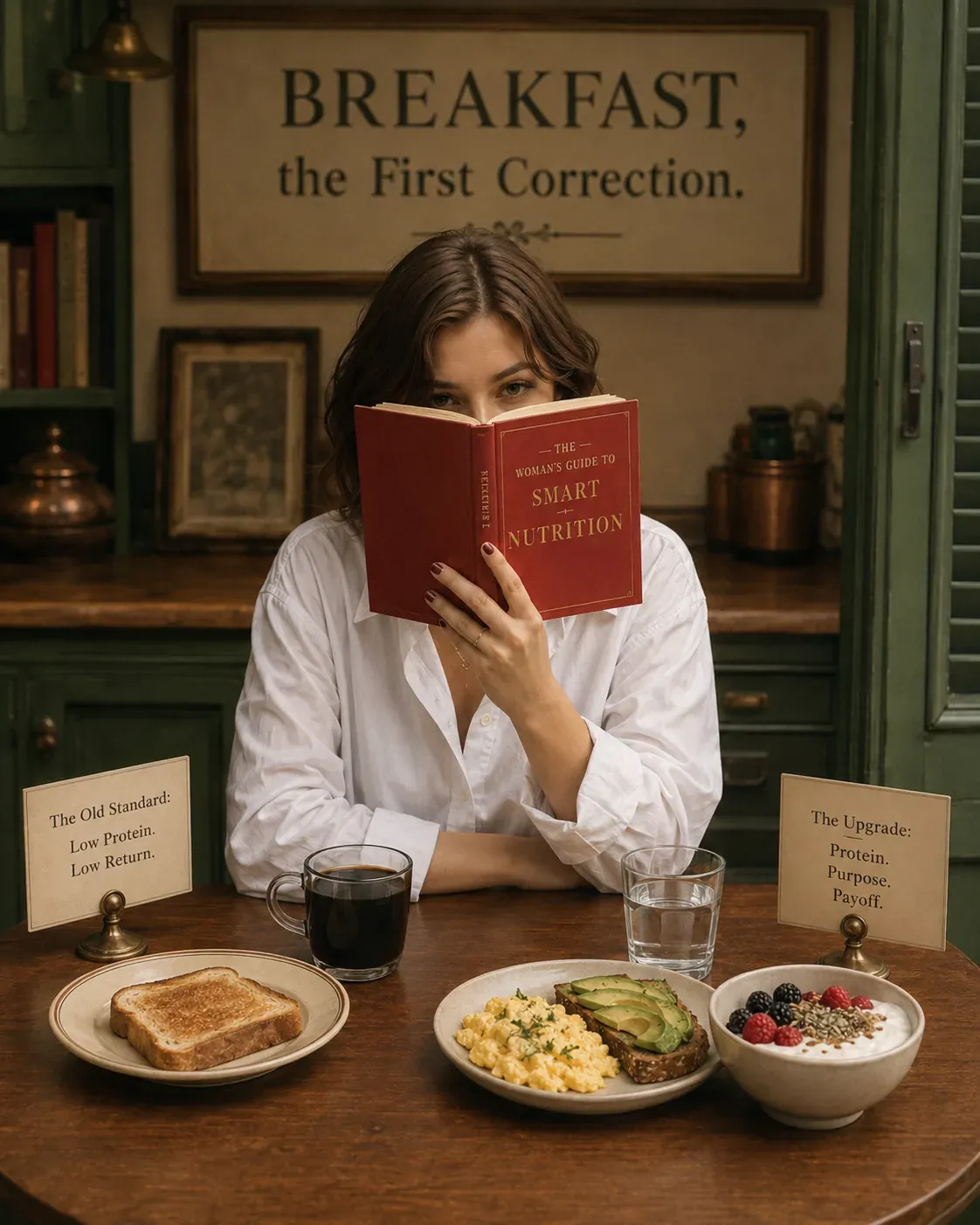High-protein breakfast table with eggs toast yogurt and coffee, woman reading in a quiet cafe setting | Becoming Elysian