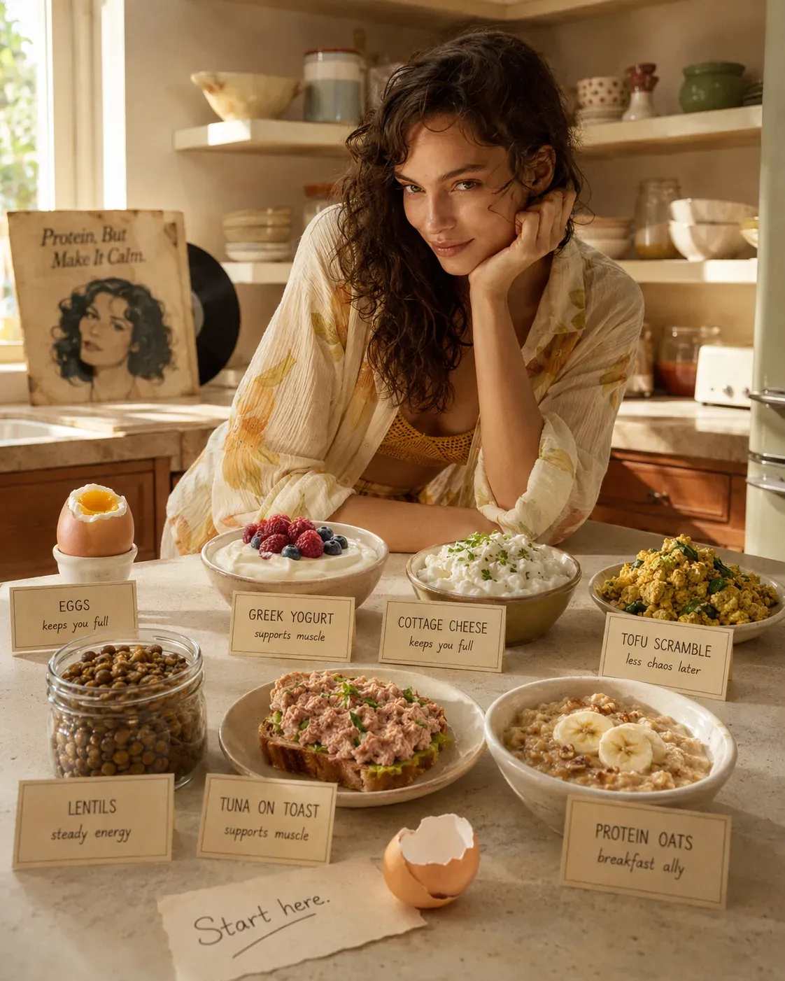 Protein-rich breakfast options labelled eggs, Greek yogurt, cottage cheese, lentils, tuna on toast, tofu scramble, and protein oats | Becoming Elysian protein for women over 35