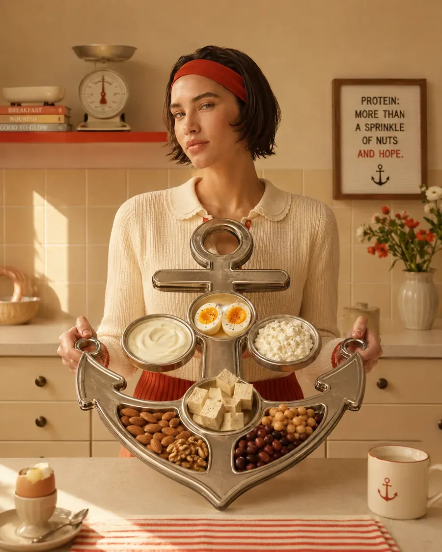 Elegant breakfast tray with eggs, fruit, yogurt, toast, and coffee in a warm retro kitchen | Becoming Elysian balanced breakfast