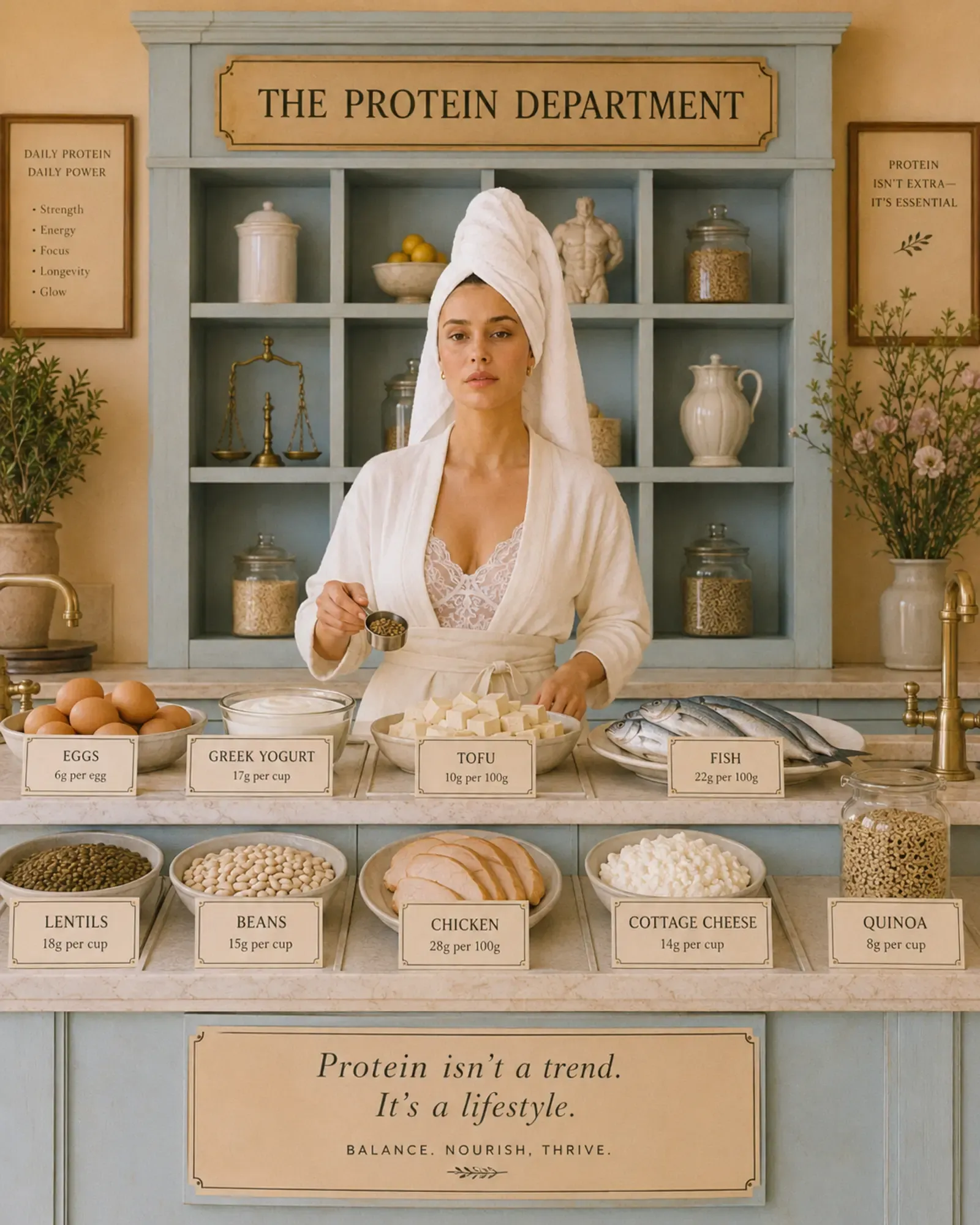 Woman in white robe and towel turban at a grand "The Protein Department" counter with labeled bowls of eggs, Greek yogurt, tofu, fish, lentils, beans, chicken, cottage cheese, and quinoa, elegant wellness hotel setting | Becoming Elysian quiet luxury wellness editorial