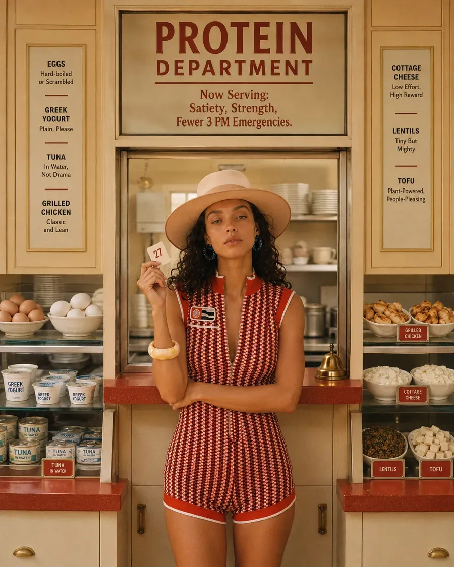 Woman standing at a Protein Department counter, symbolizing protein earlier in the day for steadier energy | Becoming Elysian