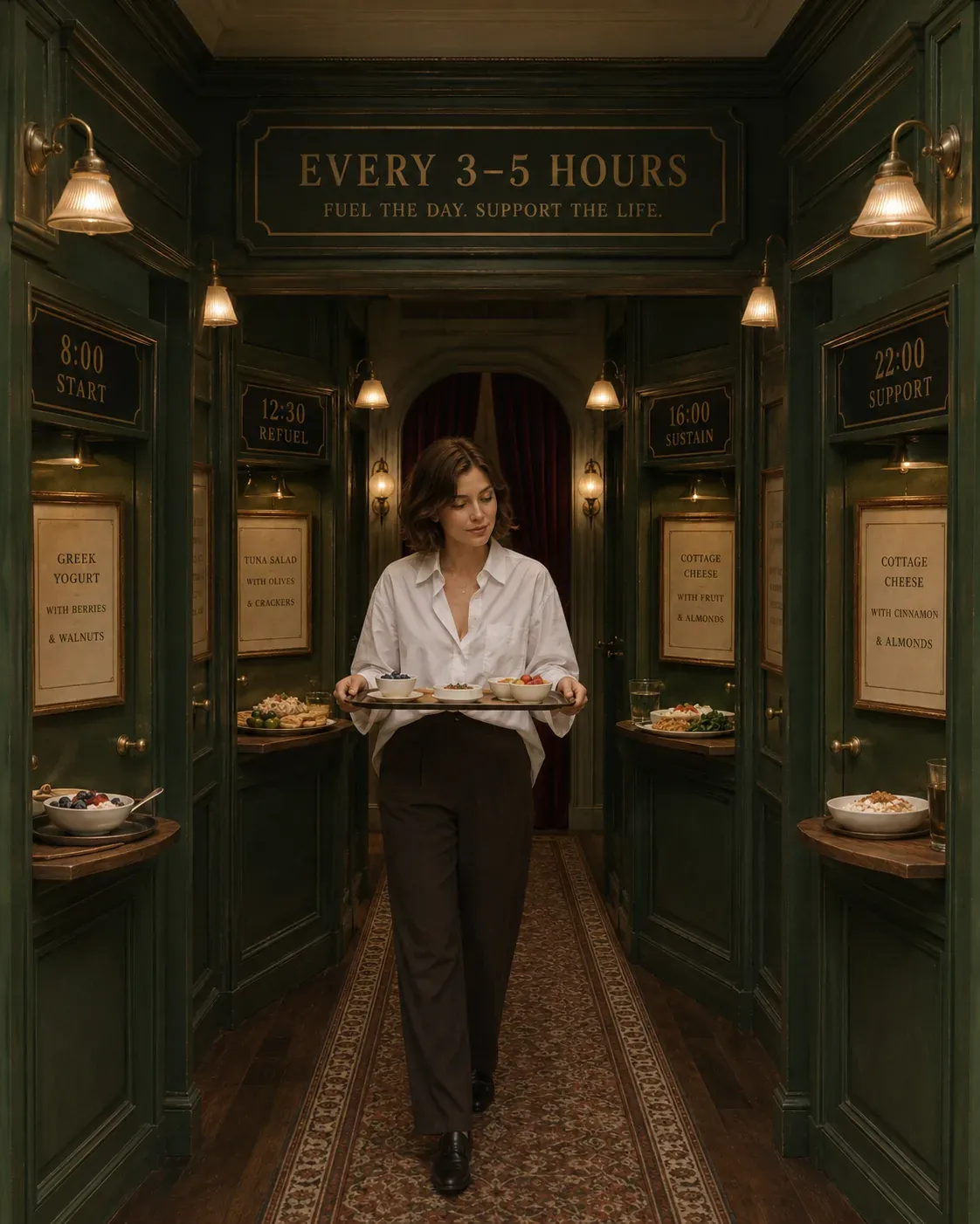 Symmetrical corridor with woman standing between meal stations and sign reading every 3 to 5 hours | Becoming Elysian