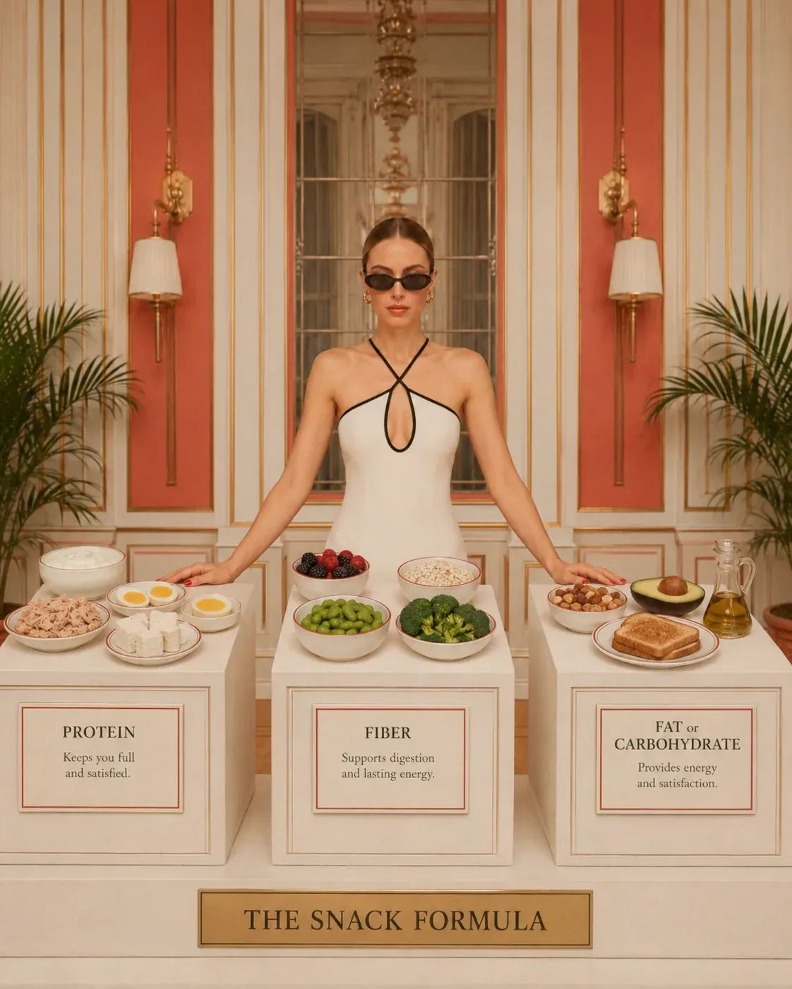 Overhead high-protein snack formula scene with Greek yogurt, edamame, fruit, and seeds arranged as a visual guide for protein, fiber, and fat | Becoming Elysian quiet luxury wellness