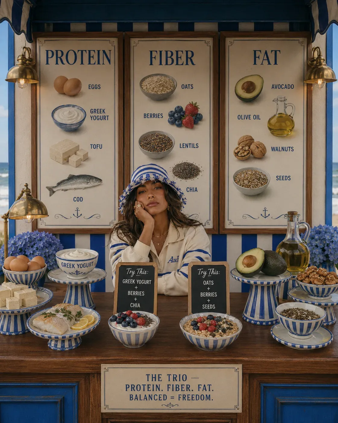Elegant display of protein, fiber, and fat as the three nutrients that help support steadier blood sugar and satisfaction | Becoming Elysian nutrition for women