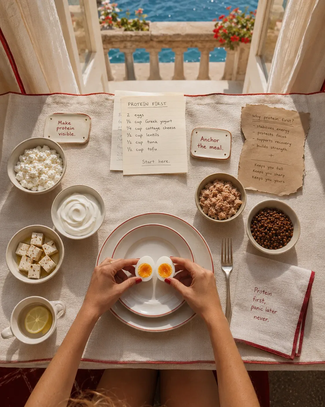 Overhead Mediterranean table showing eggs, Greek yogurt, cottage cheese, tofu, tuna, and lentils as protein-first meal anchors | Becoming Elysian